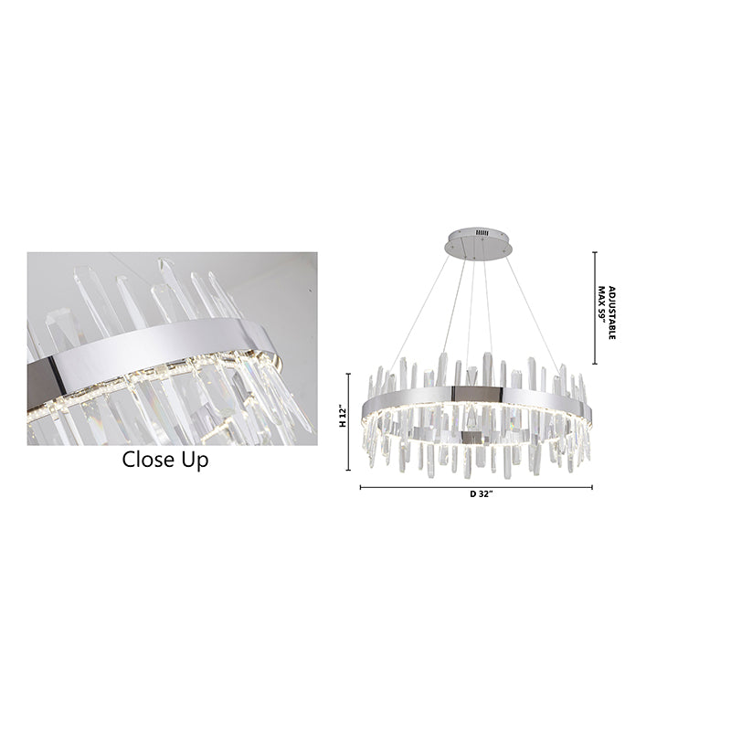 Dimensional diagram of the 32-inch round chandelier indicating a 32-inch width and adjustable hanging height.