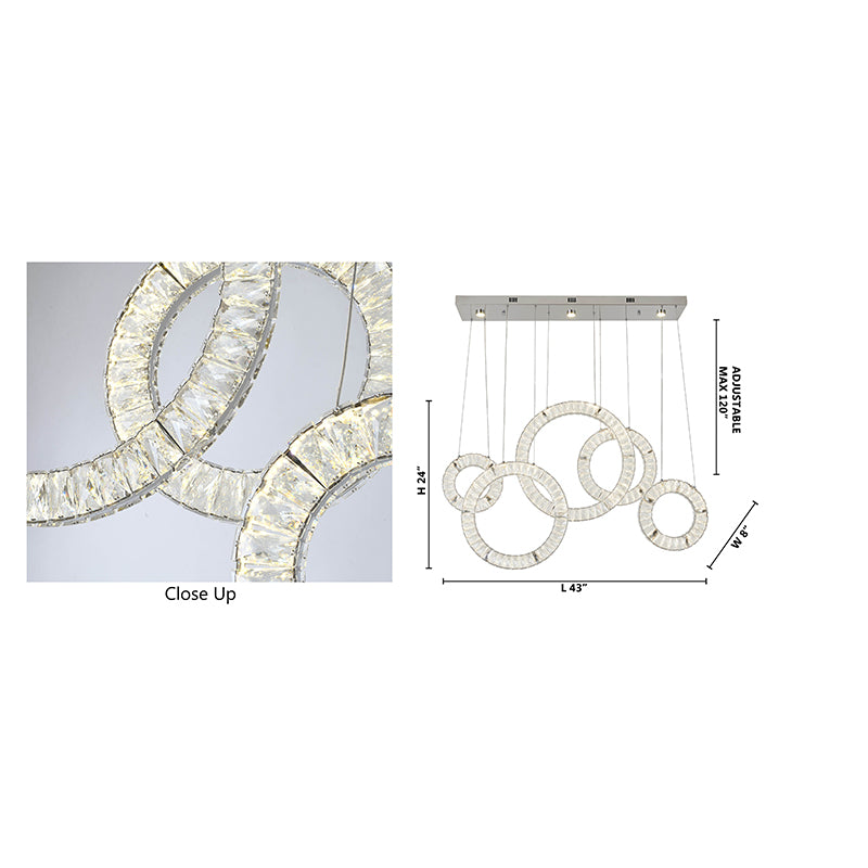 Dimensional drawing of the 5-ring chandelier indicating a 43-inch length and a maximum cord length of 120-inch.