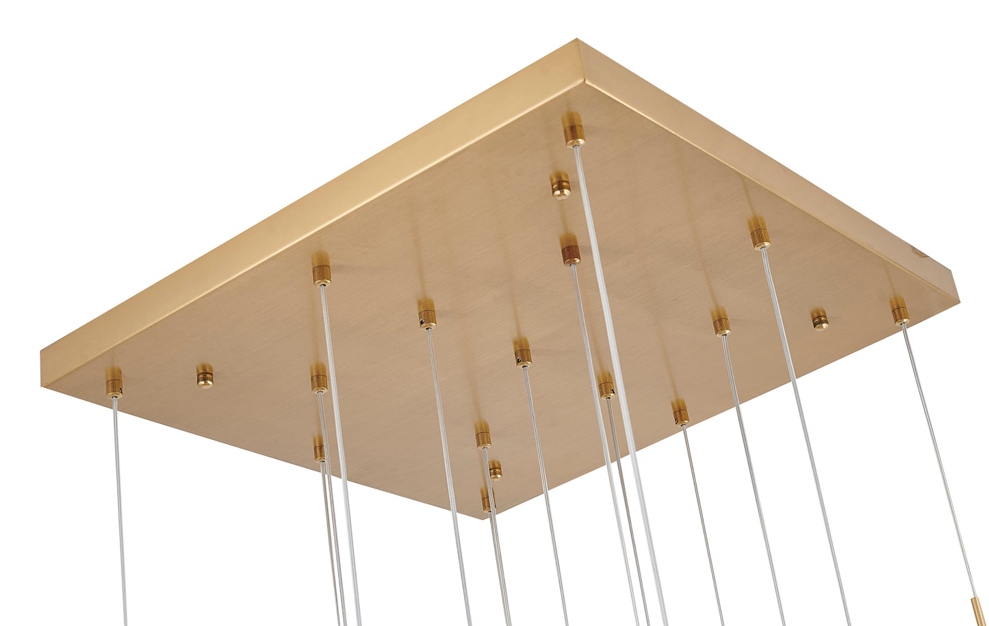 Low-angle view of the large square gold-finished mounting plate with several thin cables extending downward to support the crystal cluster.