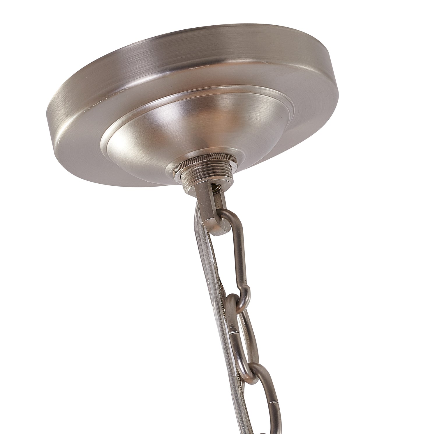 Detailed view of the circular pewter ceiling canopy and heavy-duty suspension chain.