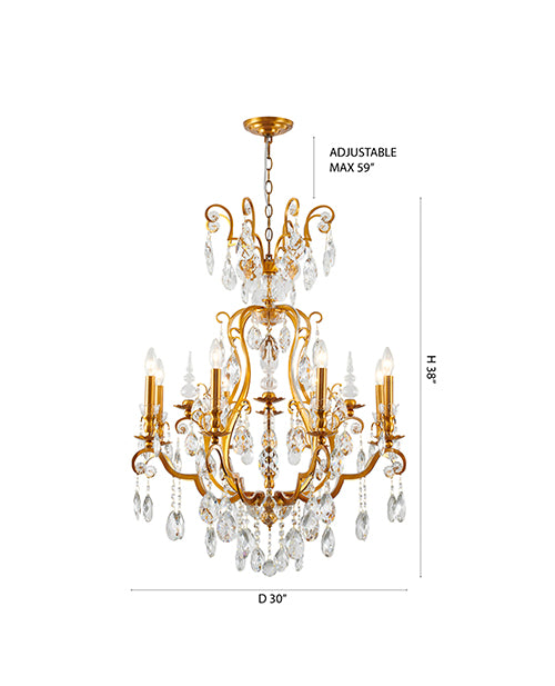 Dimensional diagram of the antique brass chandelier indicating a 38-inch height and 30-inch diameter.
