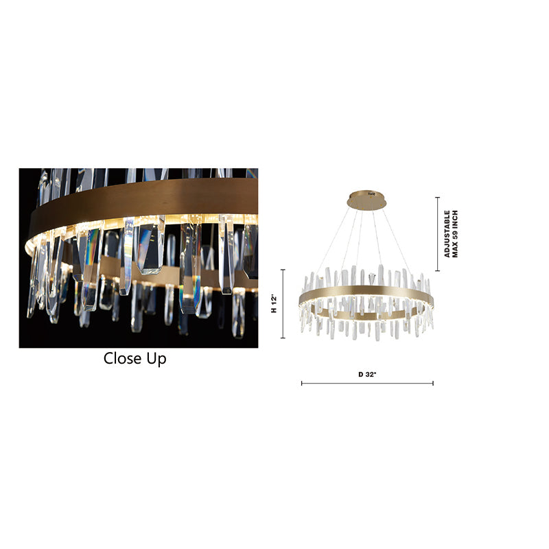 Dimensional diagram and unlit view of the 32-inch golden chandelier, indicating a 32-inch width.