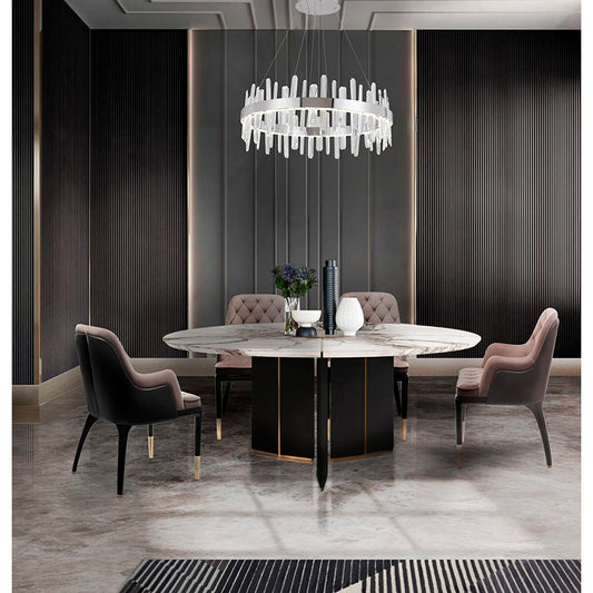32-inch Chrome Ring Cut crystal chandelier suspended over a modern round marble dining table in a luxury interior.