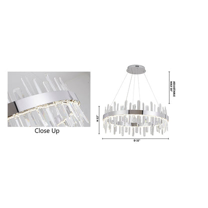 Dimensional diagram of the 32-inch round chandelier indicating a 32-inch width and adjustable hanging height.