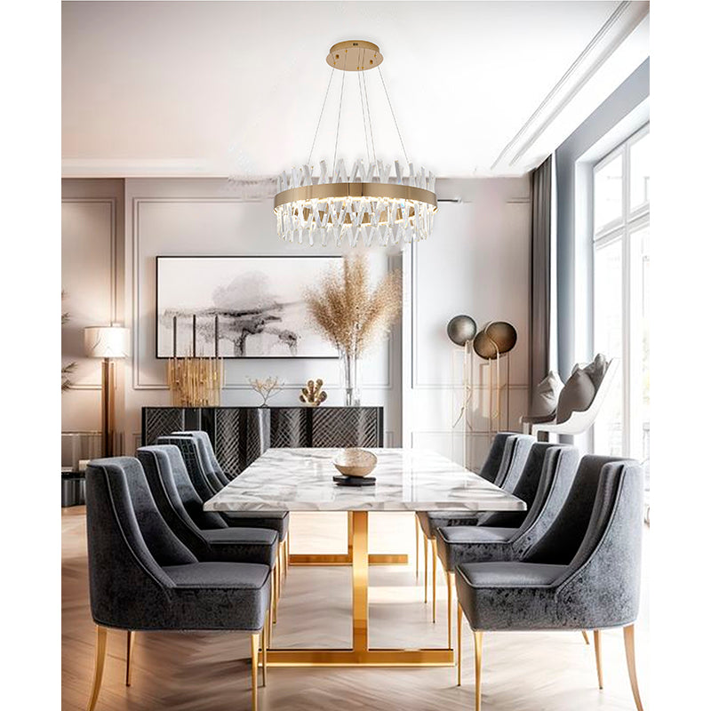 26-inch Golden Ring Cut crystal chandelier suspended over a white marble dining table with elegant velvet chairs.