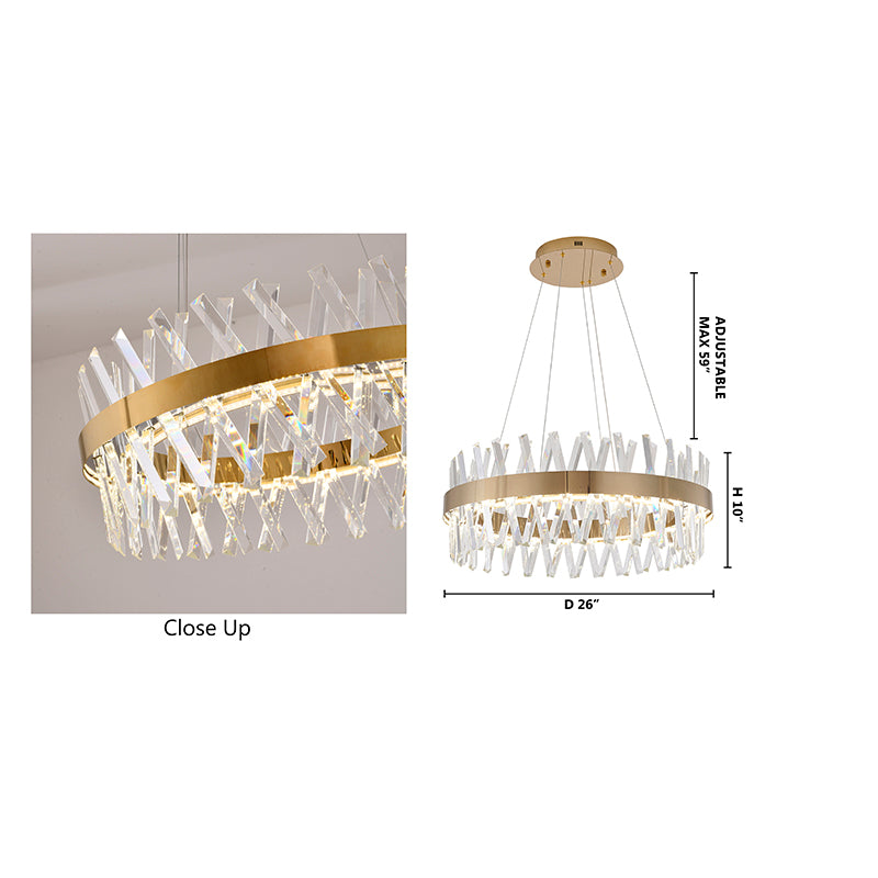 Dimensional diagram of the 26-inch round chandelier indicating a 26-inch width and adjustable hanging height.