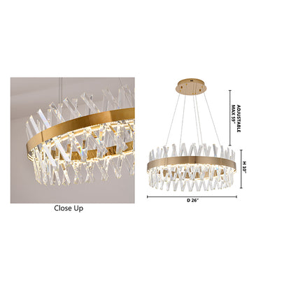 Dimensional diagram of the 26-inch round chandelier indicating a 26-inch width and adjustable hanging height.