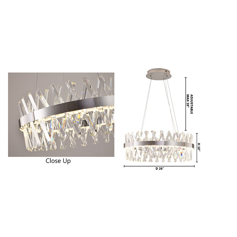 Dimensional diagram of the 26-inch round chandelier indicating a 26-inch width and adjustable suspension height.