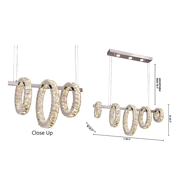 Dimensional diagram of the 5-ring chandelier indicating a 39.4-inch length and a maximum 78-inch adjustable hanging height.