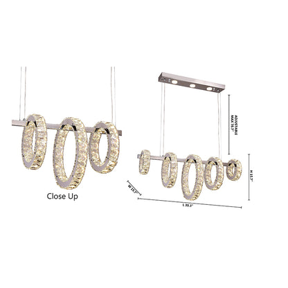 Dimensional diagram of the 5-ring chandelier indicating a 39.4-inch length and a maximum 78-inch adjustable hanging height.