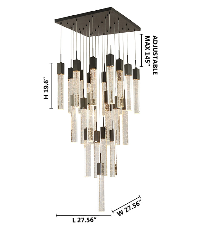 A 3D dimensional diagram illustrating the 28-inch square black canopy and the tiered cluster formation of the 25 pendants.