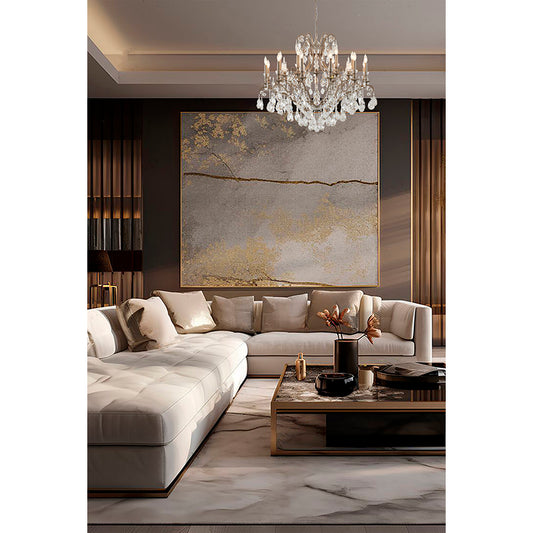 31-inch pewter 2-tier crystal chandelier installed in a luxury living room above a modular cream sofa.