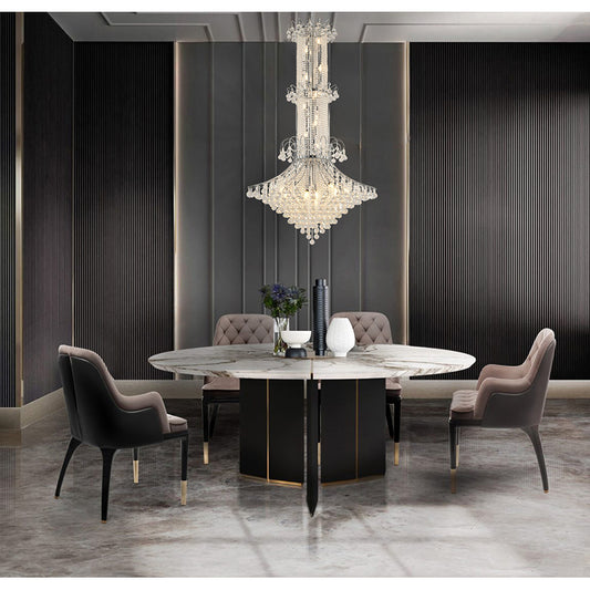 72-inch tall Regency-style crystal chandelier suspended over a modern round dining table in a luxury interior.