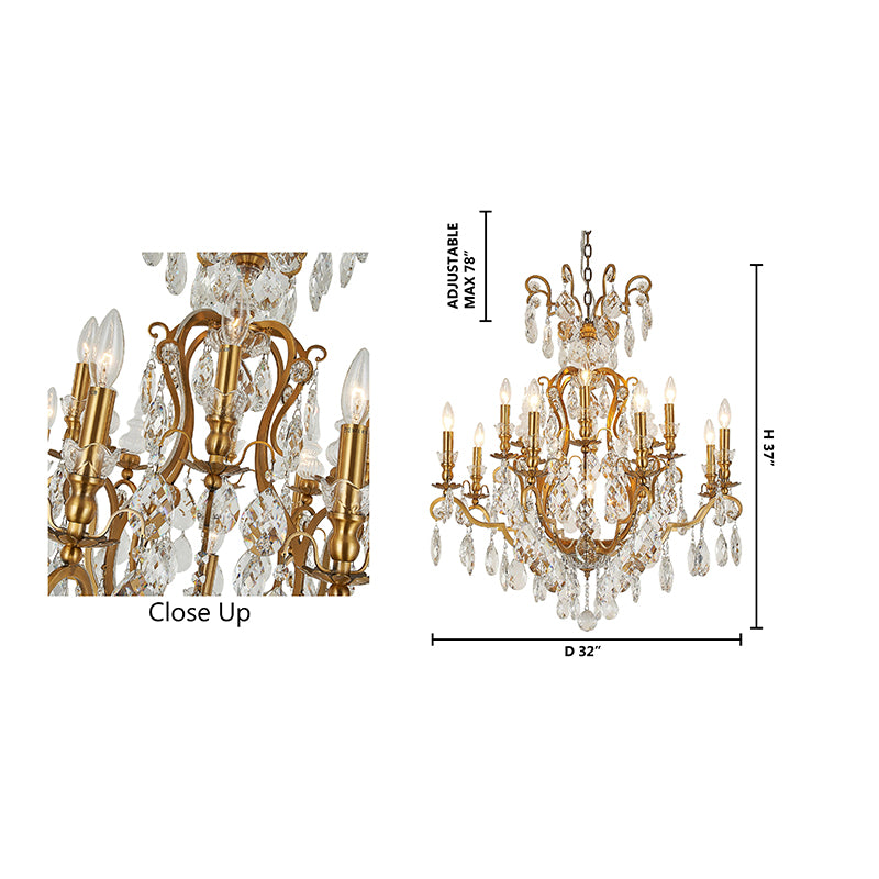 Dimensional diagram of the tiered antique brass chandelier showing the 37-inch height and width specifications.