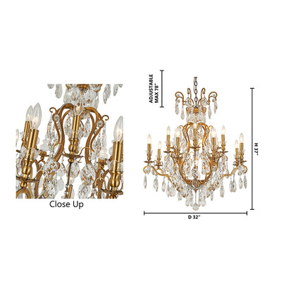 Dimensional diagram of the tiered antique brass chandelier showing the 37-inch height and width specifications.
