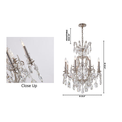 Dimensional diagram of the pewter chandelier indicating a 32.6-inch height and 25.9-inch diameter.