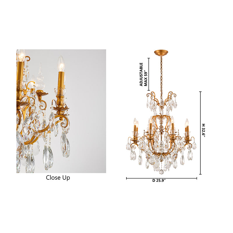 Dimensional diagram of the tiered brass chandelier showing the 32.6-inch height and width specifications.