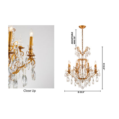 Dimensional diagram of the tiered brass chandelier showing the 32.6-inch height and width specifications.