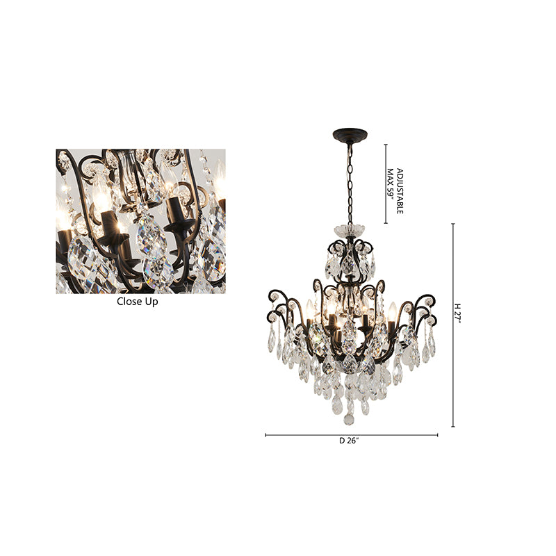 Dimensional diagram for the black chandelier showing a 27-inch height and 26-inch diameter.