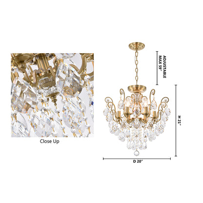 Dimensional diagram of the brass chandelier showing the 21-inch height and width specifications.