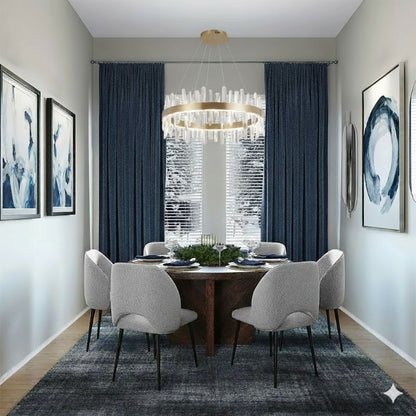 32-inch Golden Ring Cut crystal chandelier suspended over a dark wood dining table in a room with blue curtains.
