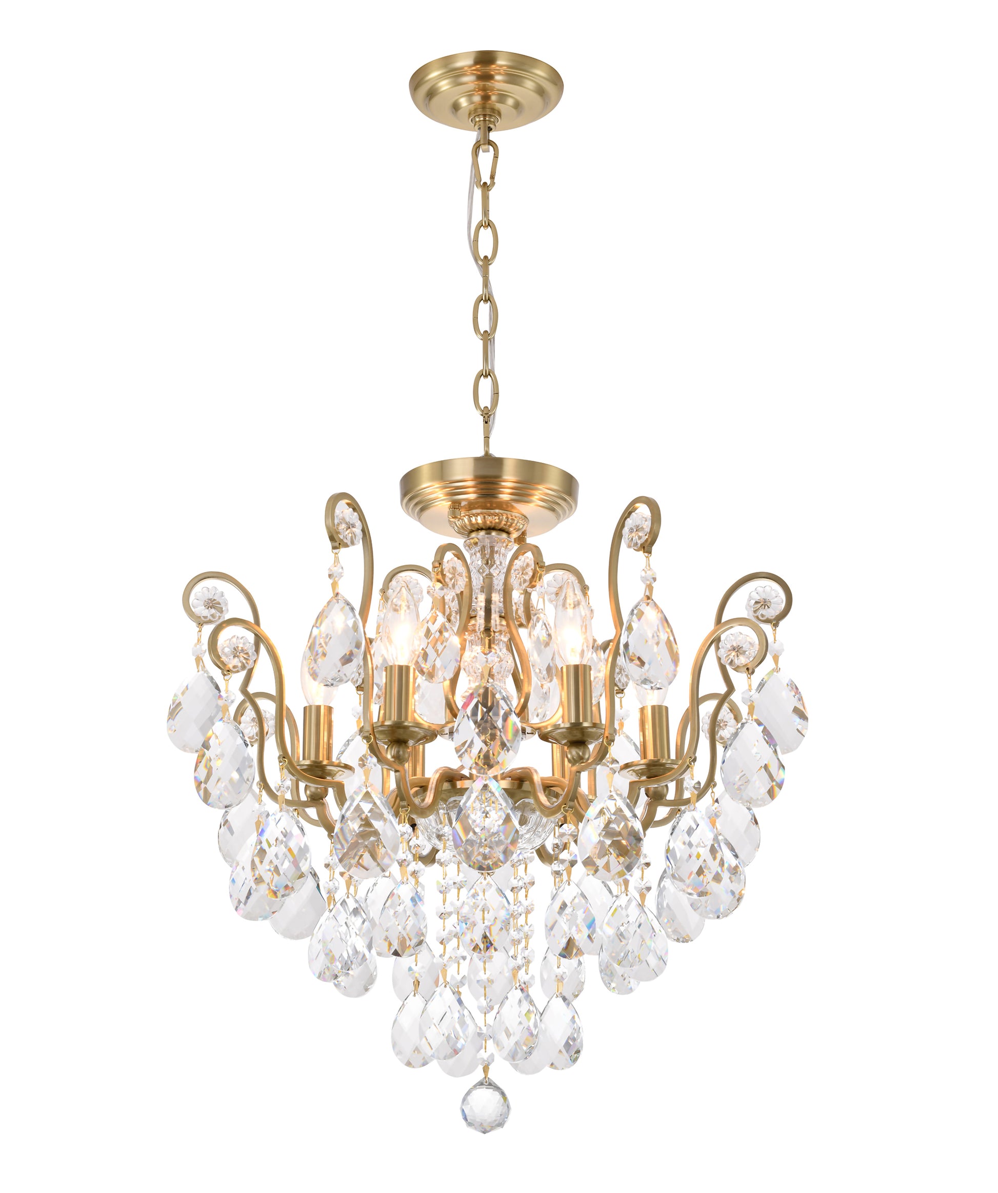 21-inch brass chandelier featuring a single tier of curved arms decorated with faceted crystal pendeloques.