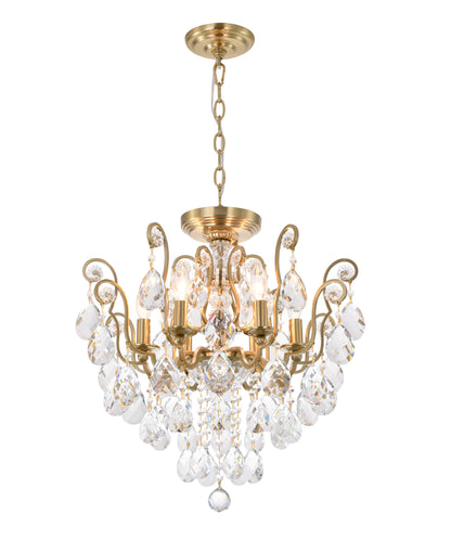 21-inch brass chandelier featuring a single tier of curved arms decorated with faceted crystal pendeloques.