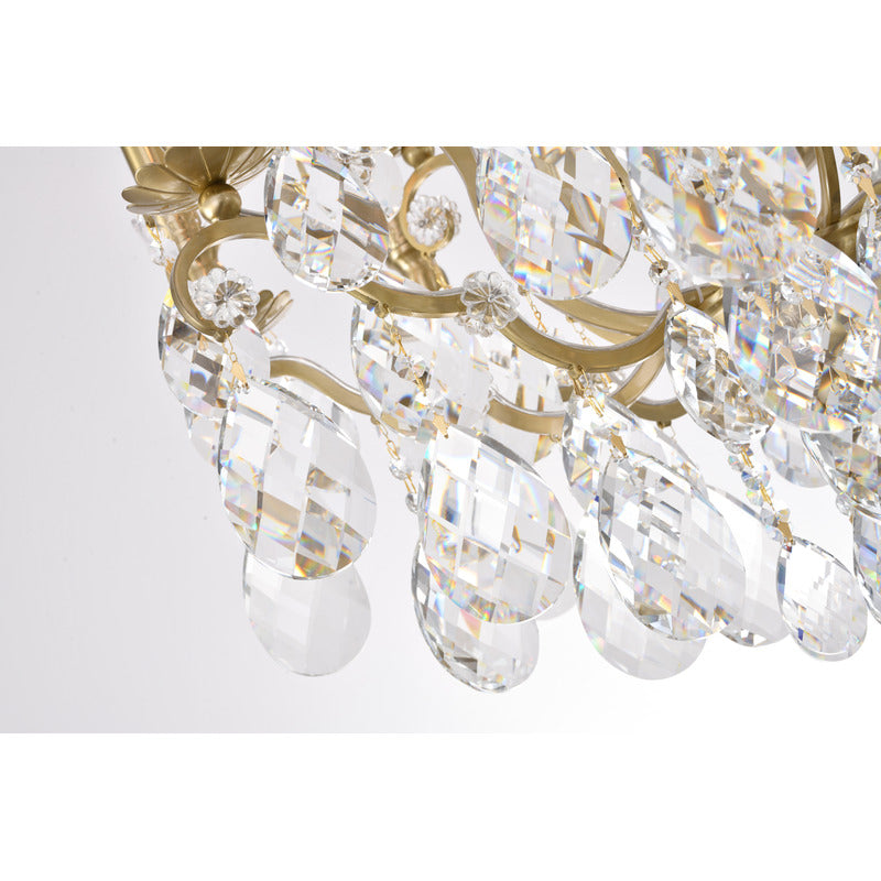 Upward view of the tiered crystal chandelier highlighting the density and sparkle of the faceted crystal.