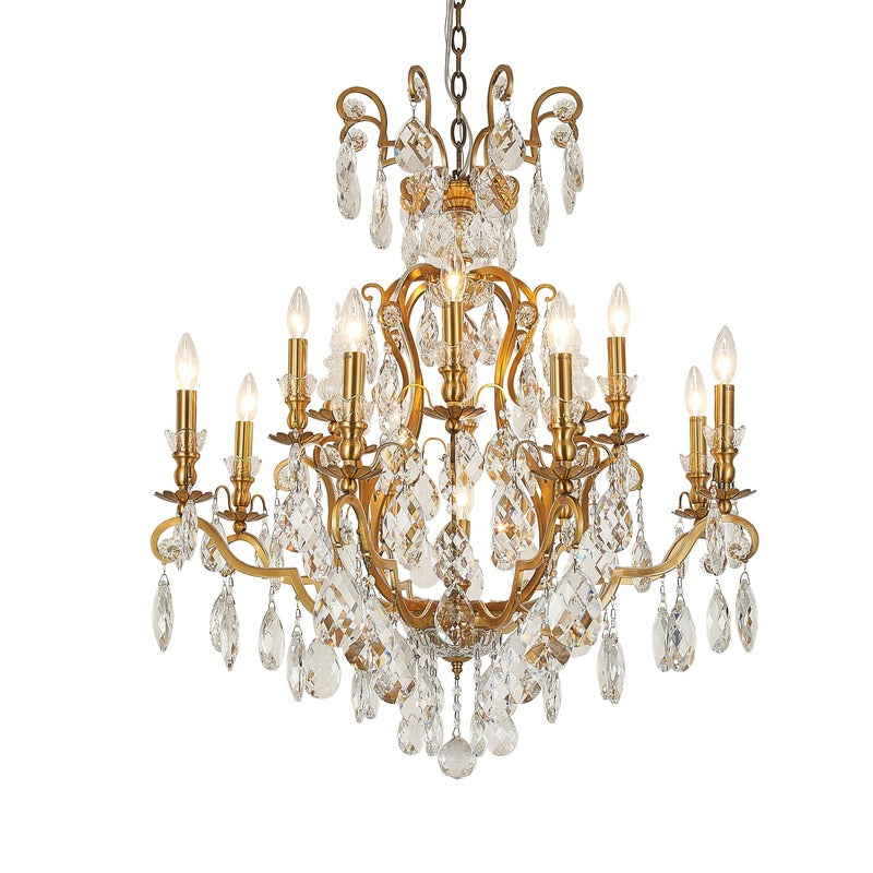 Symmetrical front view of the antique brass chandelier highlighting the tiered arms and brilliant crystal prisms.