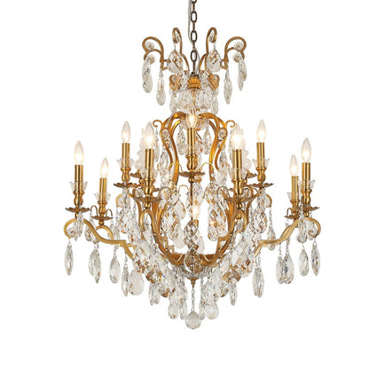 Symmetrical front view of the antique brass chandelier highlighting the tiered arms and brilliant crystal prisms.