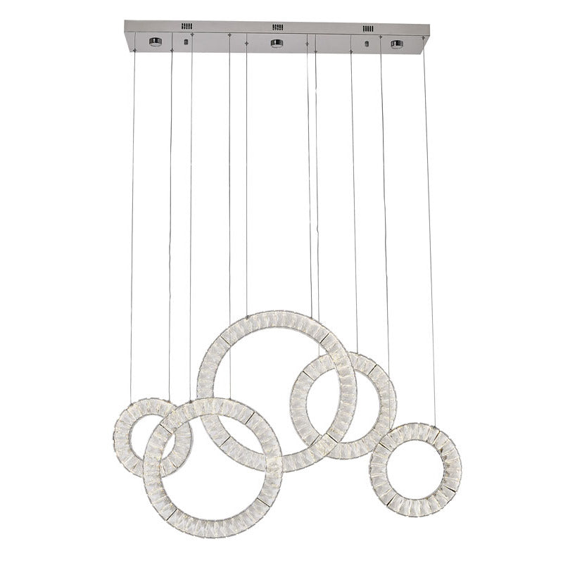 Full view of the 72-inch Chrome Ring chandelier with five graduated rings in a contemporary staggered arrangement.