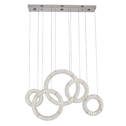 Full view of the 72-inch Chrome Ring chandelier with five graduated rings in a contemporary staggered arrangement.