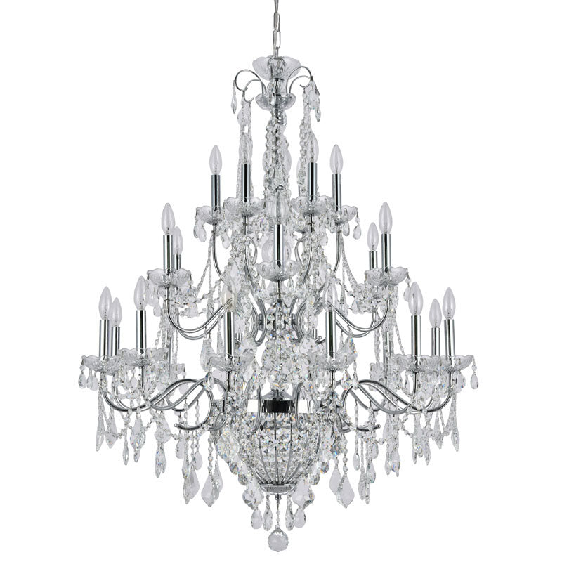 3-quarter view of the chrome candelabra chandelier highlighting the dense arrangement of faceted crystal pendeloques.