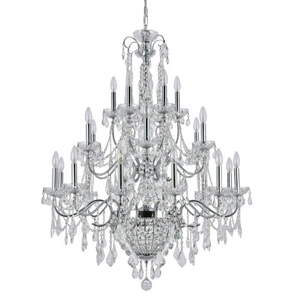 3-quarter view of the chrome candelabra chandelier highlighting the dense arrangement of faceted crystal pendeloques.