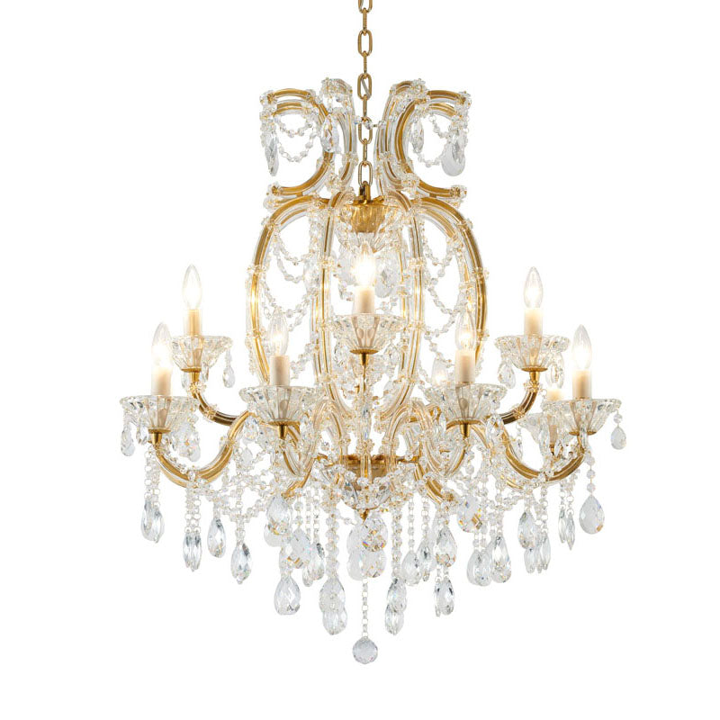 Illuminated satin brass candelabra chandelier featuring two tiers of scroll arms and draped crystal beads.