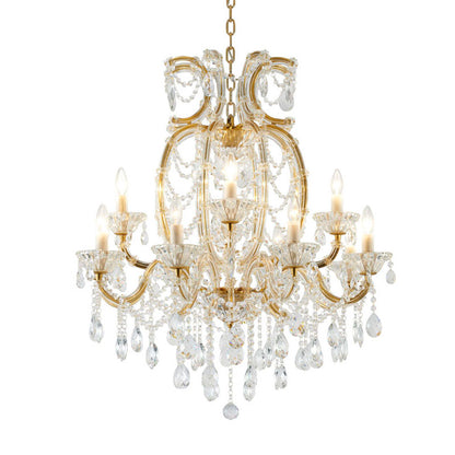 Illuminated satin brass candelabra chandelier featuring two tiers of scroll arms and draped crystal beads.