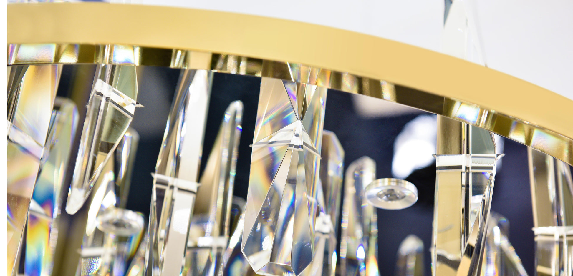 Close-up of the intricately cut crystal prisms on the 23-inch Golden Ring chandelier.