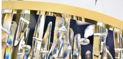 Close-up of the intricately cut crystal prisms on the 23-inch Golden Ring chandelier.