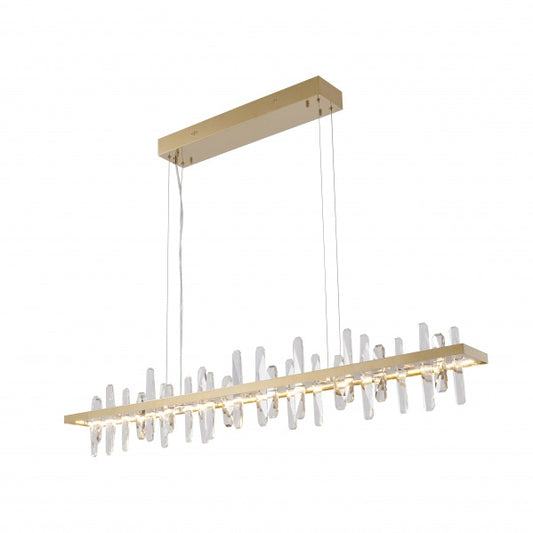 Golden Bar 47-inch linear cut crystal chandelier for dining rooms, shown lit.
